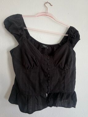 Women’s Black Bustier Peplum Blouse with Button Front